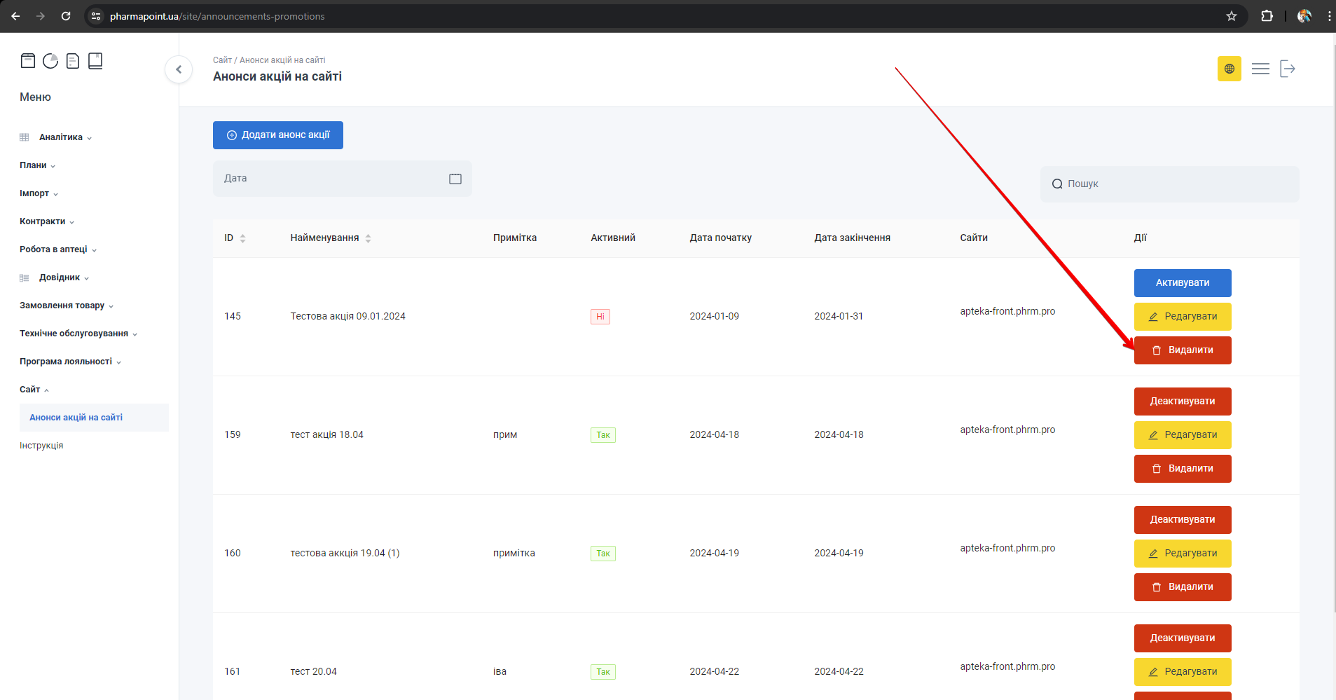 Кнопка Видалити анонс акції