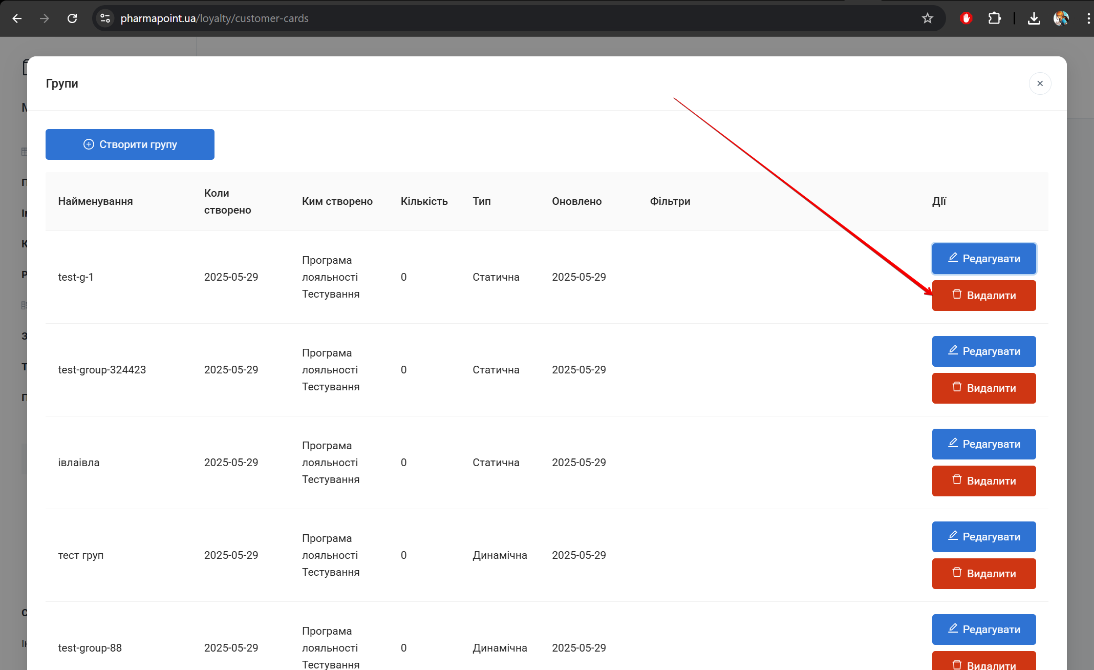Кнопка Видалити групу
