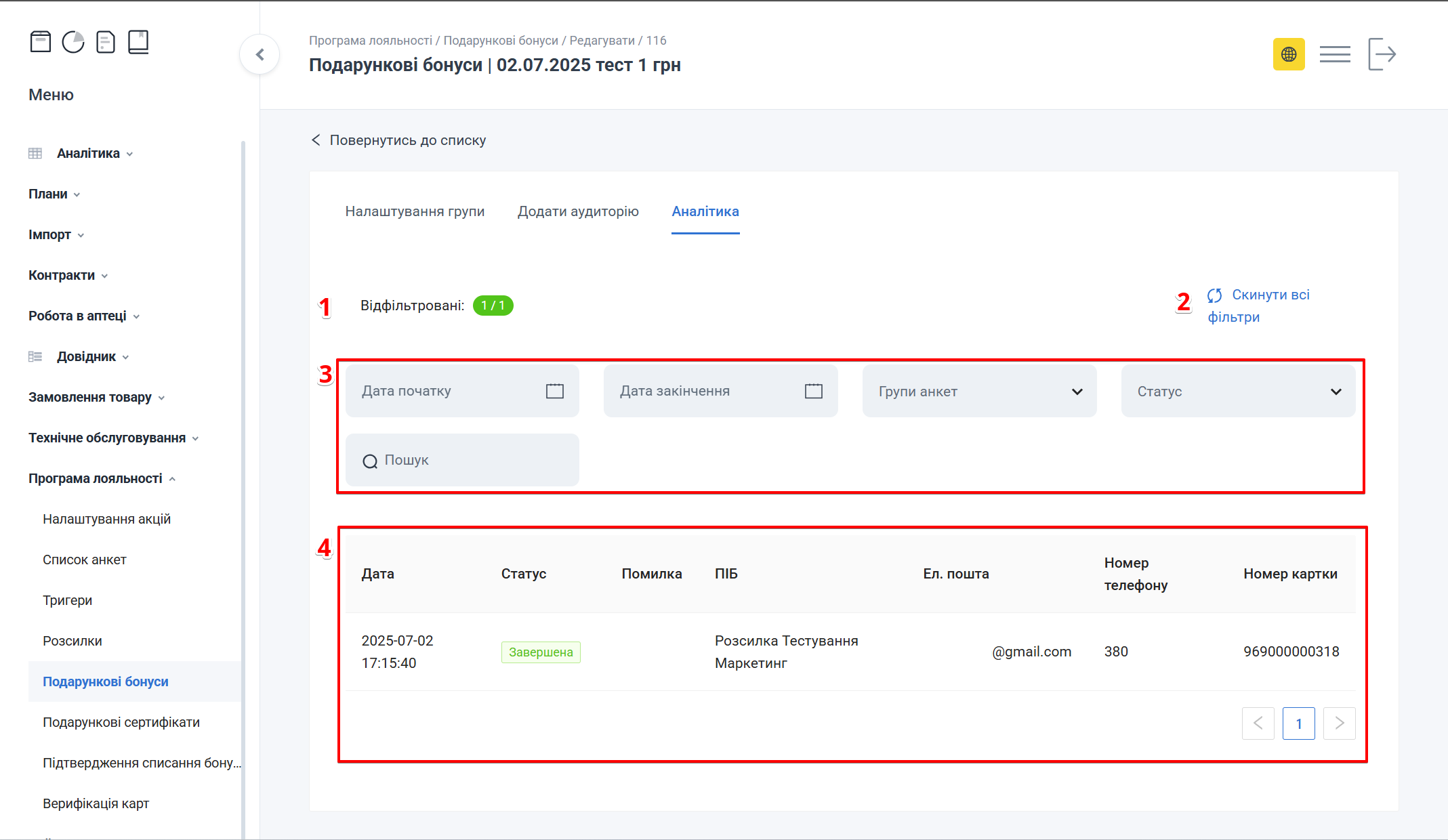 Сторінка Аналітика подарункових бонусів