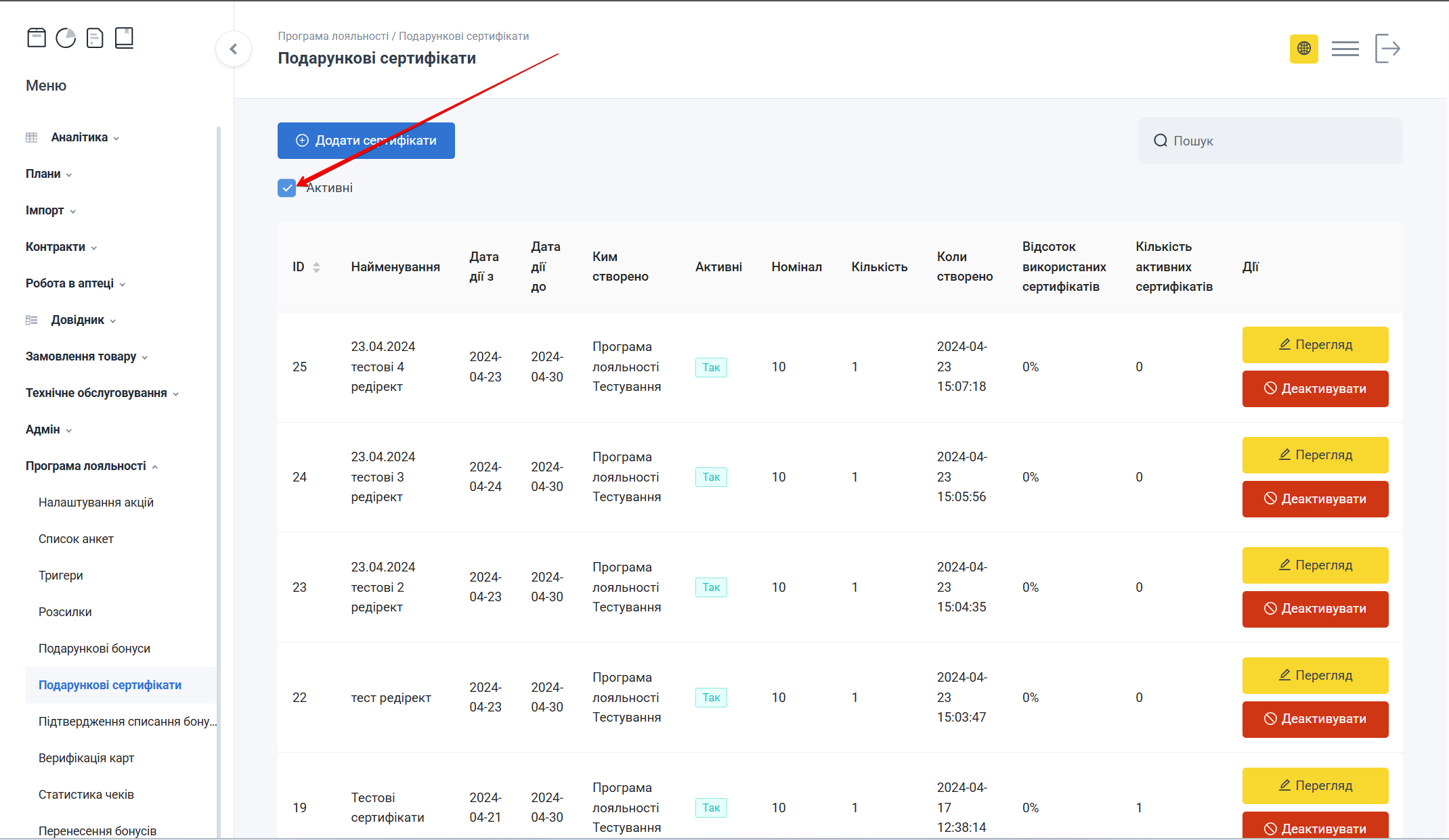 Фільтр Активні для активних сертифікатів