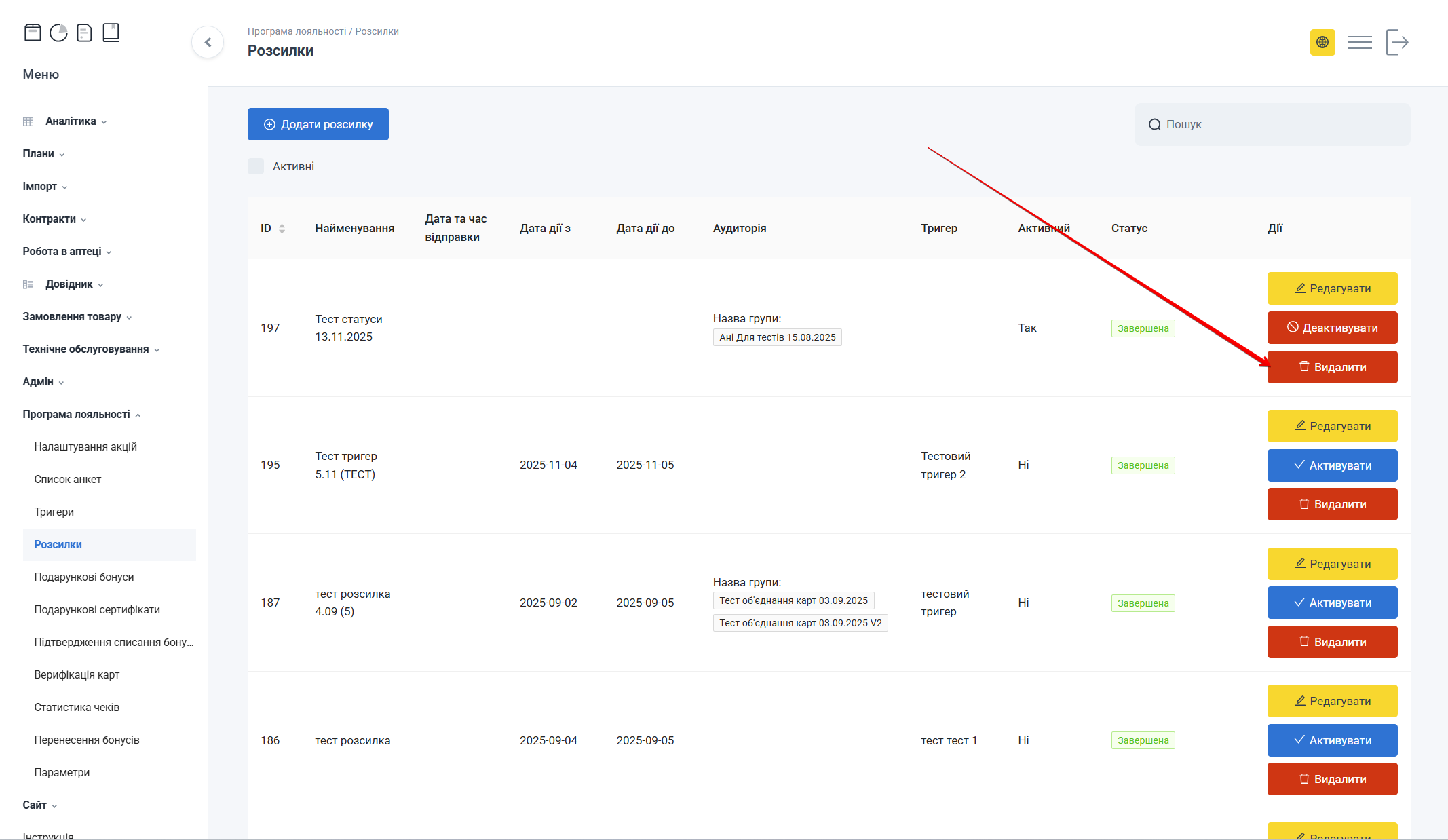 Кнопка Видалити розсилку
